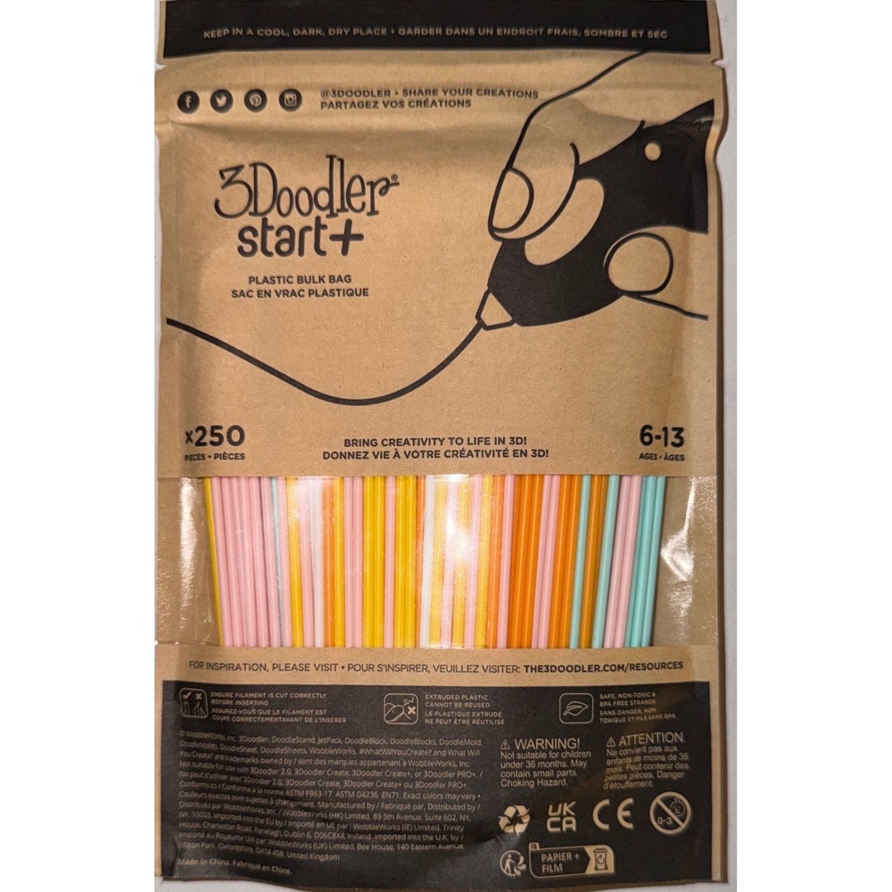 3Doodler Start+ Plastic Bulk Bag 250 Pieces Fire & Ice Mix 3DS-ECO-MIX1-250 NEW